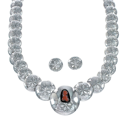 Navajo Reversible Sterling Silver and Coral Necklace Earrings Set SN20291